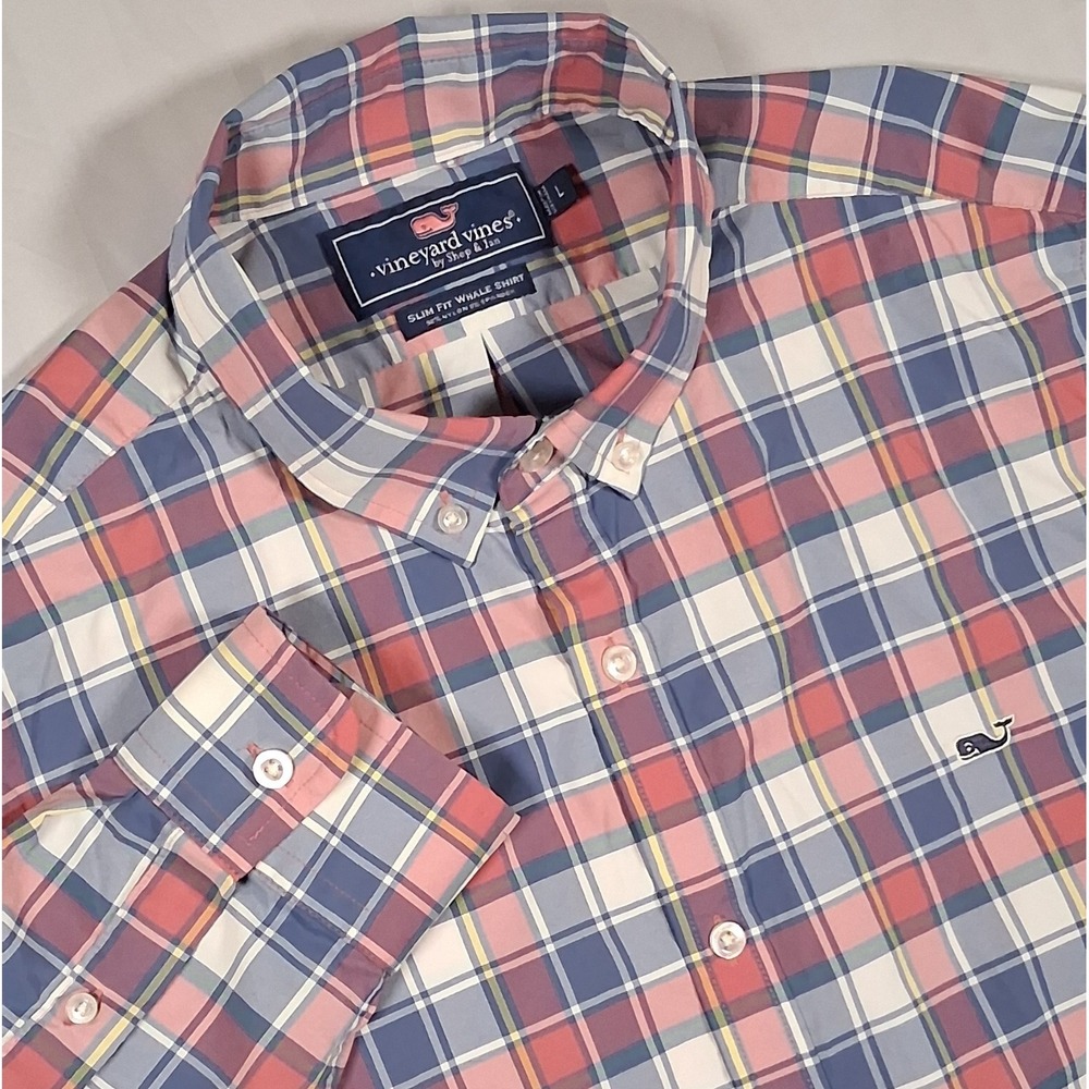 Vineyard Vines Shirt Mens Large Blue Red Plaid Slim Fit Button Up L/S F919 0010